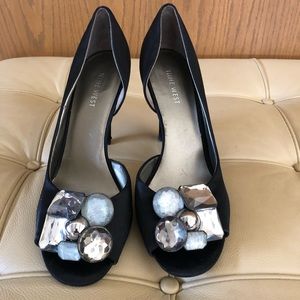 Nine West black satin embellished open toe pumps